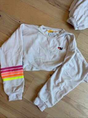 AVIATOR NATION White Cropped Sweatshirt with Neon Stripe Sleeve
